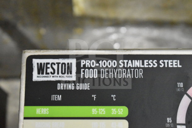 Weston PRO-1000 Stainless Steel Food Dehydrator label, showing drying guide with temperature settings in Fahrenheit and Celsius.