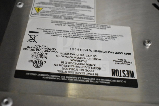 Weston PRO-1000 Food Dehydrator label, showing model and 120V/60Hz electrical specs. Stainless steel construction.