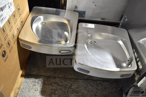 Pair of PG8ACSL-SK310 wall mount water fountains, stainless steel, 115V, 1 phase, sleek design, top condition.