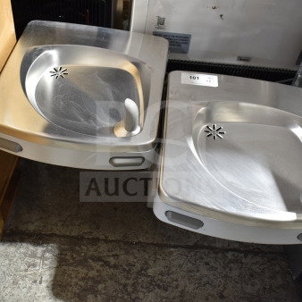 Pair of PG8ACSL-SK310 wall mount water fountains, stainless steel, 115V, 1 phase, sleek design, top condition.