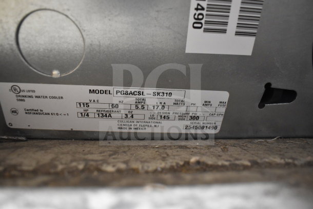 Model PG8ACSL-SK310 wall mount water fountain label, 115V, 1 phase; certified by NSF/ANSI.