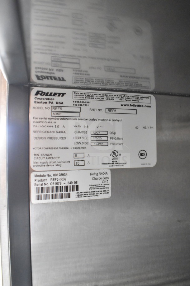Follett REF5 Commercial Single Door Undercounter Cooler, 115V, 1 Phase, with labeling indicating model, voltage, and refrigerant.