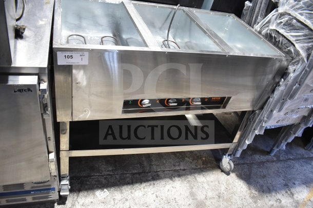 Vevor MDC-3 Electric 3 Bay Steam Table, 120V, stainless steel, visible control panel, on wheels, new condition.