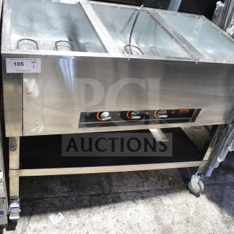 Vevor MDC-3 Electric 3 Bay Steam Table, 120V, stainless steel, visible control panel, on wheels, new condition.