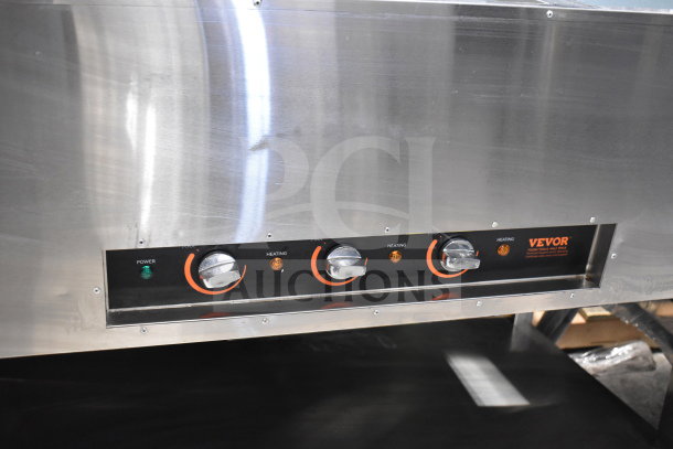 Vevor MDC-3 3 Bay Steam Table, electric powered, 120V, stainless steel, controls and Vevor logo visible.