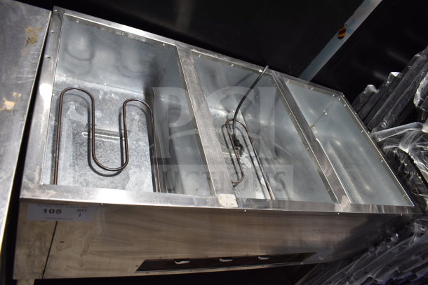 Vevor MDC-3 electric steam table with 3 bays. Stainless steel, 120 volts, 1 phase. Visible heating elements.