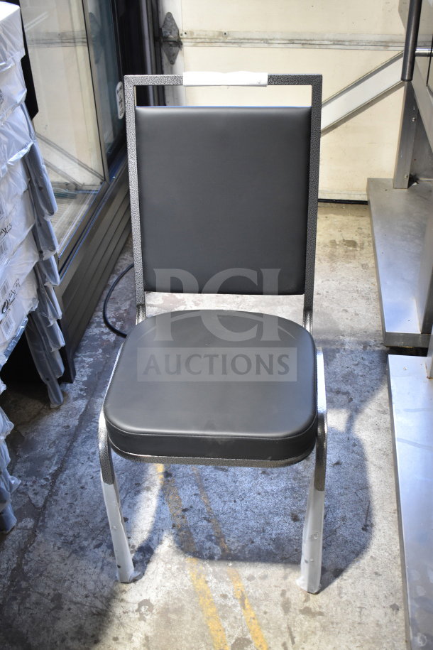 Lancaster Table & Seating banquet chair, black vinyl seat, silver vein frame, new scratch and dent, auction item.