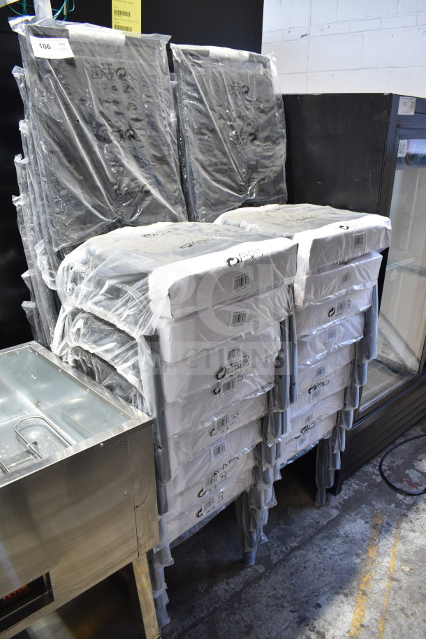 16 brand new Lancaster Table & Seating banquet chairs, black vinyl, silver vein frame, scratch, and dent condition.