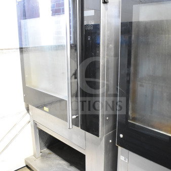 Fri-jado TDR 7-P electric rotisserie oven on casters, stainless steel, glass door, 208V, 3-phase, commercial use.