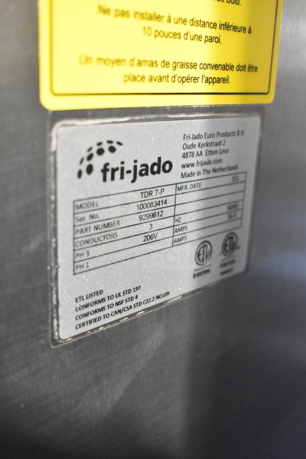 Fri-jado TDR 7-P Commercial Rotisserie Oven label, showing model, serial number, and certification details. 208V, 3 phase.