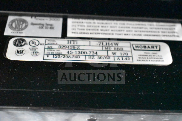 Hobart HTi-7LH4W scale label showing model, serial number, voltage range 120/208-240, and certifications. Missing power cord.