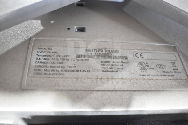 Mettler Toledo BC Commercial Food Scale; Model BC; shows label with specs and serial number; used condition.