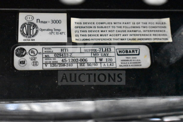 2019 Hobart HTi-7LH3 scale label; shows model, serial number 45-1202-006, voltage 120/208-240, and compliance info.