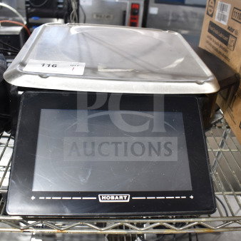 Hobart commercial countertop food portioning scale, touchscreen display, stainless platform, 120/208-240V, 1 phase, model unreadable, used condition.