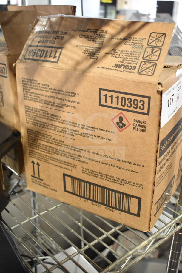 Two boxes of food-grade lubricant, labeled "1110393" with handling warnings, displayed on a metal shelf.
