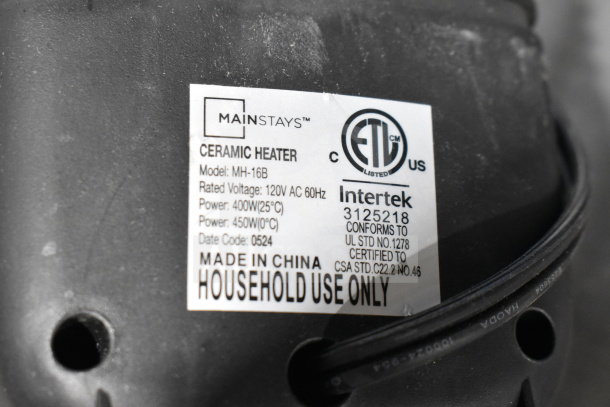 Mainstays MH-16B Ceramic Heater label showing model, voltage, power, and certifications. Made in China for household use.