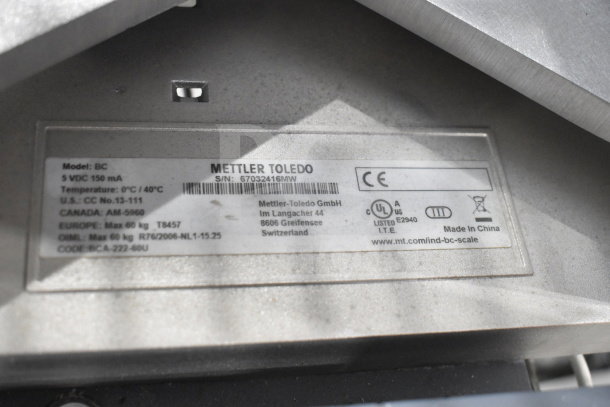 Mettler Toledo BC Commercial Countertop Scale, model BC, 5V DC 150mA, temperature range 0°C-40°C, serial number 67032416MW.