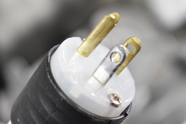 Close-up view of a plug for the 2018 Bizerba GSP H meat slicer, 120V, 1 Phase, showing prongs and connector details.