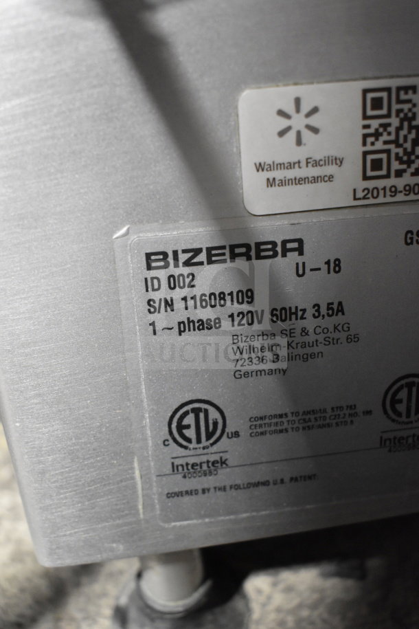 2018 Bizerba GSP H commercial meat slicer, 120V, 1 phase. Visible manufacturer and certification labels.