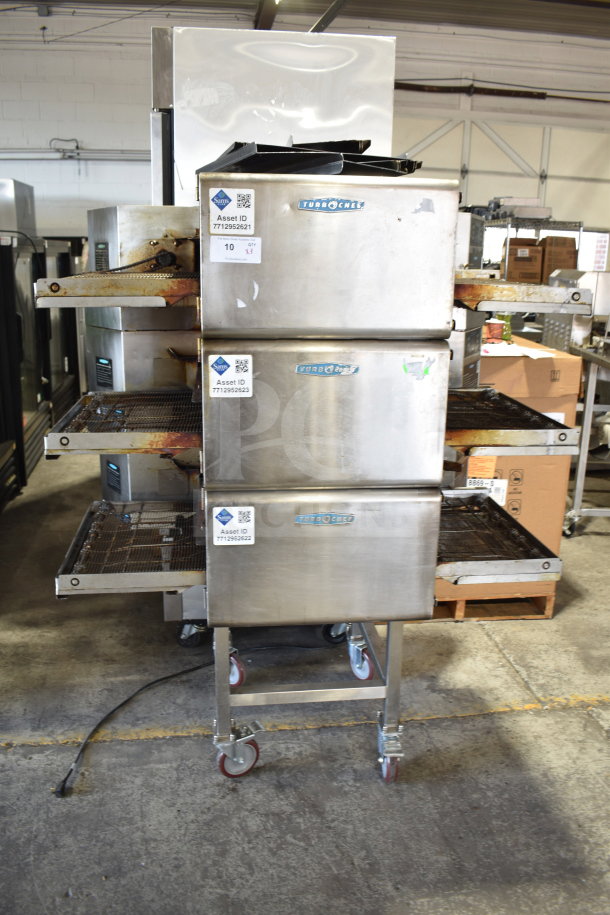 Three Turbochef HhC2020 electric conveyor ovens with stands, commercial casters, 208/240V, 3-phase, labeled asset IDs.