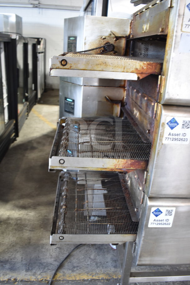 Turbochef HhC2020 commercial electric conveyor ovens with equipment stand. Visible wear, Asset ID tags present.