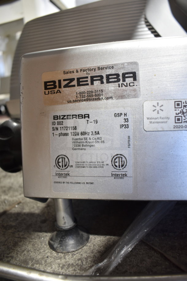 2019 Bizerba GSP H meat slicer label showing model, 120V, 1-phase, ETL certified. Good condition.