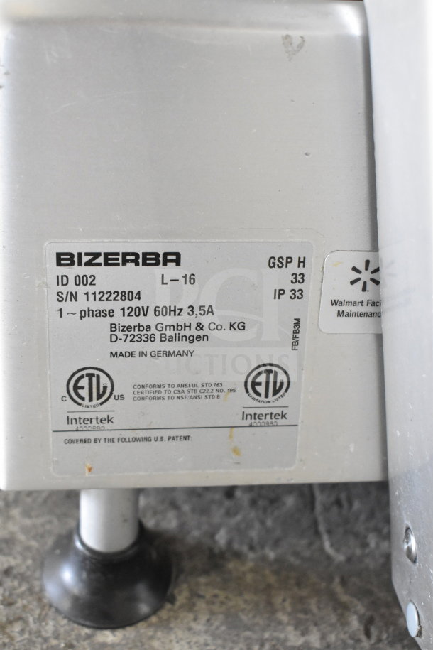 2016 Bizerba GSP H Commercial Meat Slicer label displaying specifications: 120V, 1 phase, ETL certified, made in Germany.