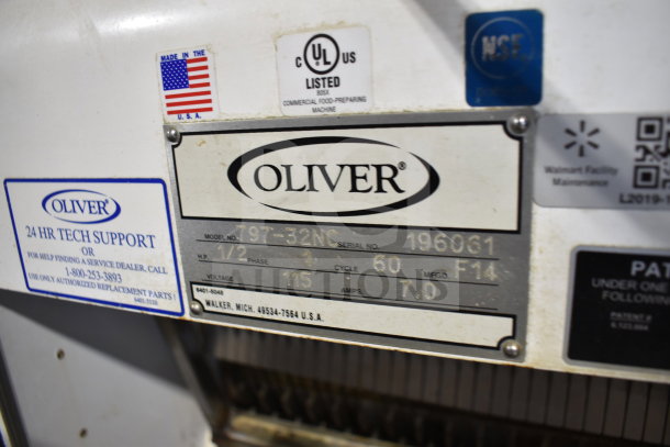 Oliver 797-32NC commercial bread slicer with safety chute, UL listed, 115 volts, 1 phase. Visible brand and tech support label.