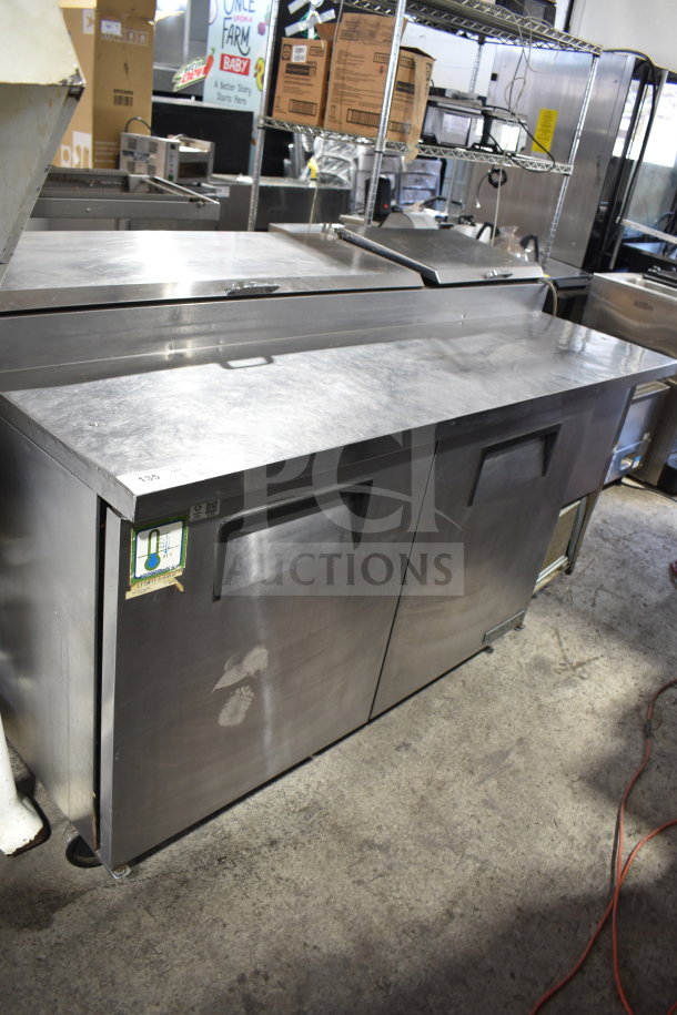 True TPP-67 Commercial Pizza Prep Table, stainless steel, 115V, 1 phase, dual compartments, used condition, visible label.