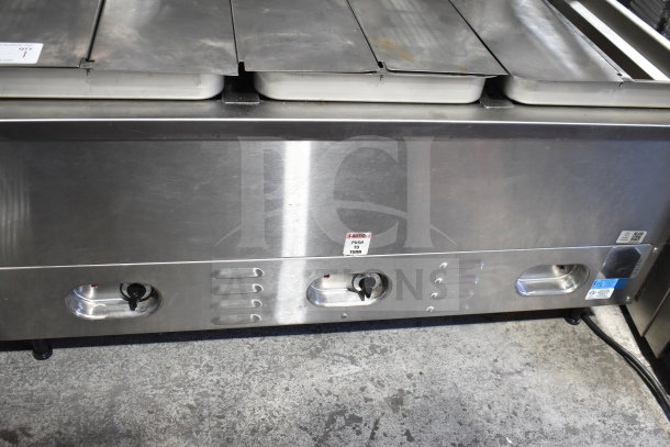 Countertop 3 Well Steam Table, stainless steel, three compartments, push-to-turn knobs, good condition, visible control panel.