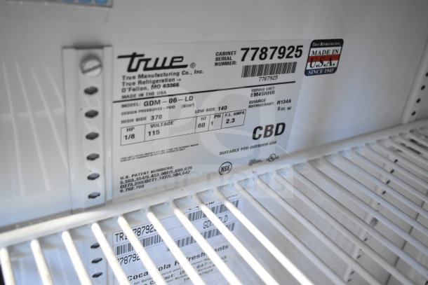 True GDM-06-LD commercial mini cooler, 115 volts, serial 7787925, model label detail, made in USA.