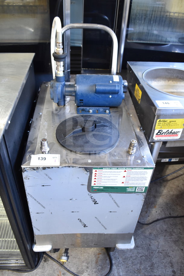 Frontline 402 Commercial Oil Caddy, 120V, 1 Phase; on commercial casters. Features safety label and connection hose.
