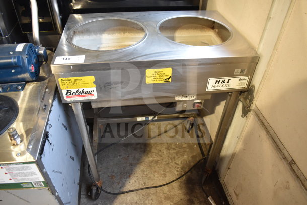Belshaw H&I-2 commercial icing station, 2 wells, heat and ice, 208/240V, 1 phase, on casters, visible service label.