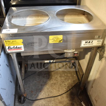 Belshaw H&I-2 commercial icing station, 2 wells, heat and ice, 208/240V, 1 phase, on casters, visible service label.