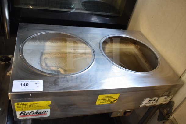 Belshaw H&I-2 Commercial Icing Station, 2 well, stainless steel, on casters, 208/240V, labeled for caution and service.