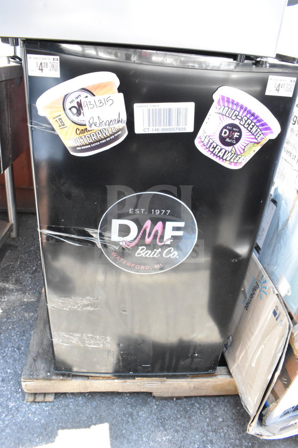 Seven assorted mini coolers including Galanz and Hisense models, 115 volts, 1 phase. Features labeled with DMF Bait Co. stickers.