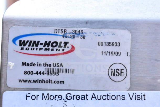 Winholt commercial table label, model DTSB-3048. Made in the USA. NSF certified. Manufactured on 11/19/09.
