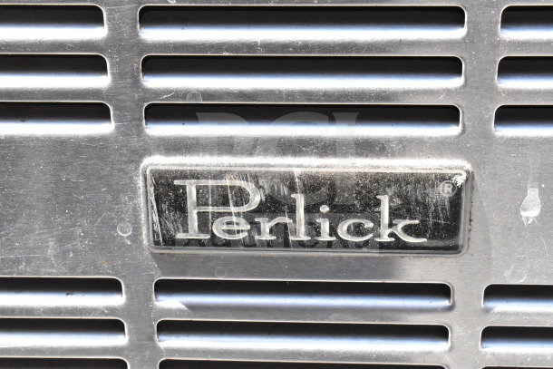 Perlick Commercial 4 Door Back Bar Cooler, stainless steel, missing 2 doors, features Perlick logo, needs parts replacement.