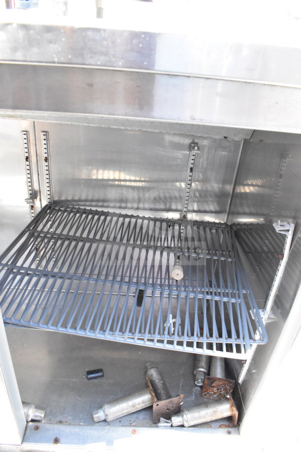 Perlick Commercial 4 Door Back Bar Cooler, stainless steel, missing two doors, interior shelf, signs of wear.