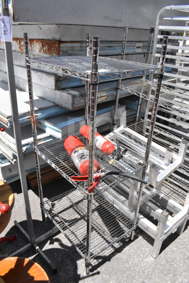 Chrome finish 3-tier wire shelving unit with adjustable shelves. Buyer must dismantle; consider freight charges.