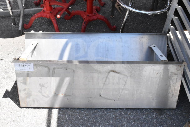 Stainless steel wall mount shelf, industrial design, visible wear, comes with supports, auction label indicating quantity x2.