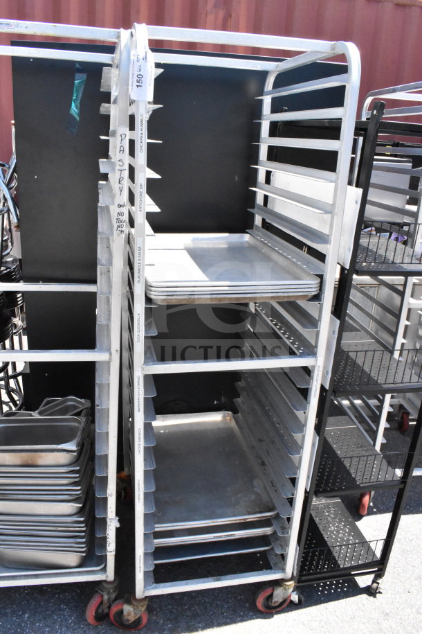 Commercial pan transport rack on casters, includes 10 baking pans, clean condition, labeled for pastry use.