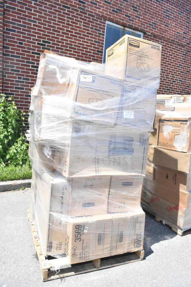 Pallet of 27 brand new, scratch and dent items, including Rubbermaid trash can bases and lids, ingredient bin lid.
