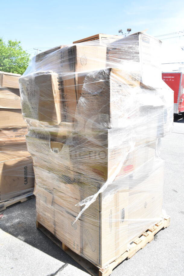 Pallet of 27 sealed boxes with scratch and dent items; includes Rubbermaid trash cans and lids, ingredient bin lid.
