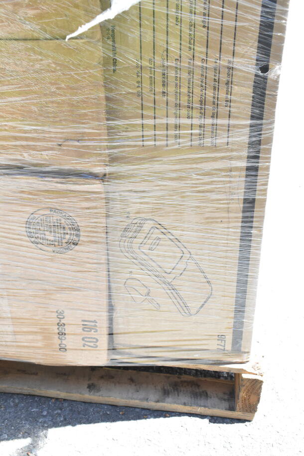 27 brand new scratch and dent items on a pallet, including ingredient bin lids and Rubbermaid trash can accessories, wrapped in plastic.