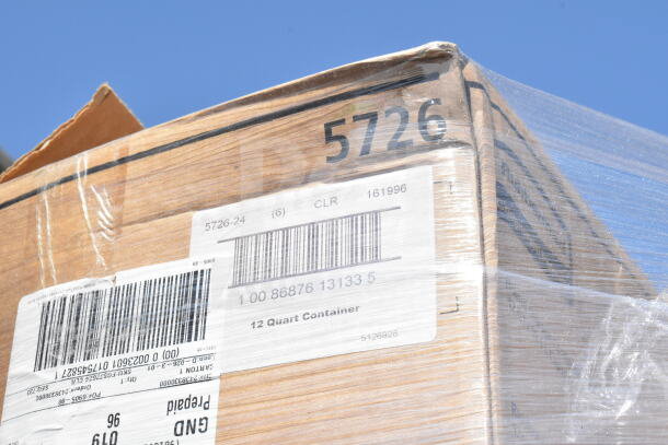 Box with barcode label for 12-quart container, marked "5726-24," wrapped in plastic, part of brand new scratch and dent auction items.