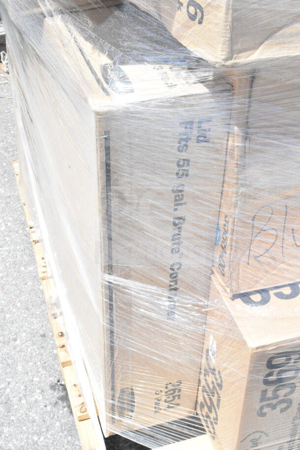 Pallet of 27 new scratch and dent items, including Rubbermaid trash can bases and swing top lids, wrapped in plastic.