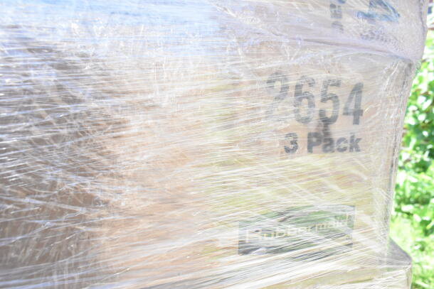 Plastic-wrapped pallet with 27 new scratch and dent items, including Rubbermaid trash can and lids, marked 2654 3 Pack.