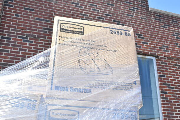 27 new scratch and dent items, including Rubbermaid 2689-88 swing top trash can lids, ingredient bin lid, and untouchable bases.