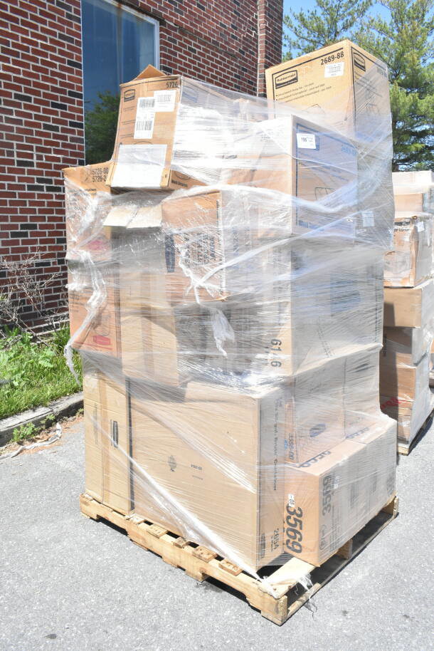 Pallet of 27 new scratch and dent items, including Rubbermaid bins, bases, trash can lids, in original packaging.